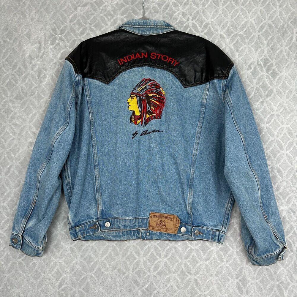 Vtg 90s Shooter Denim Jean Jacket Large Embroidered Native American Indian Chief
